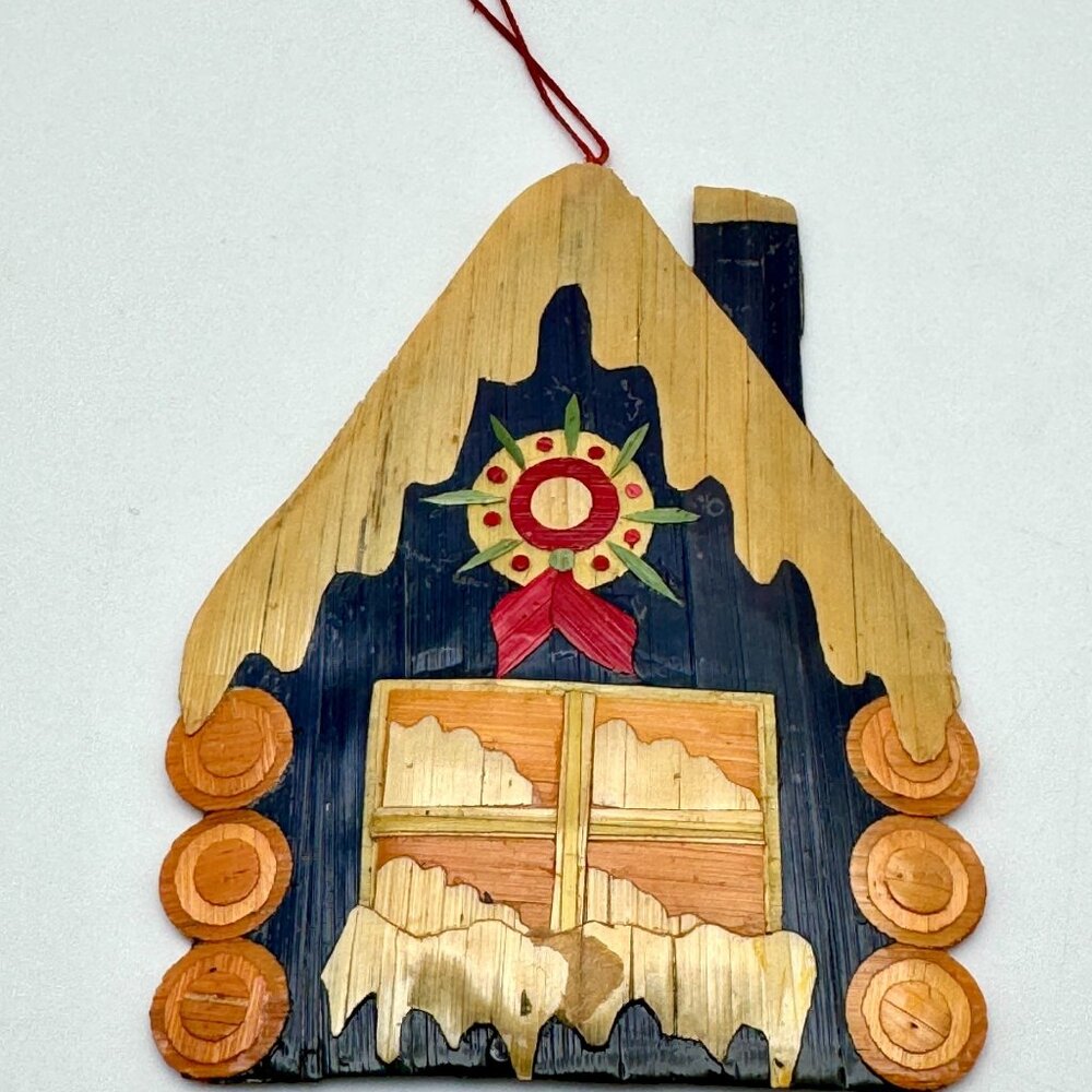 Vintage Christmas Ornament Wood Blue Brown Winter House With Wreath